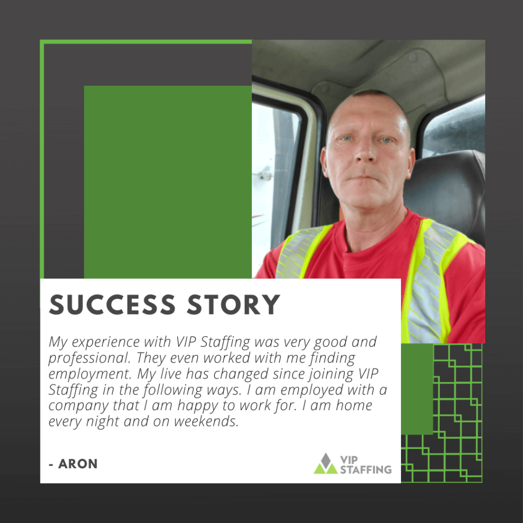 Man in a reflective safety vest sitting in a vehicle, sharing a success story about employment through VIP Staffing, emphasizing positive experiences and professional support.