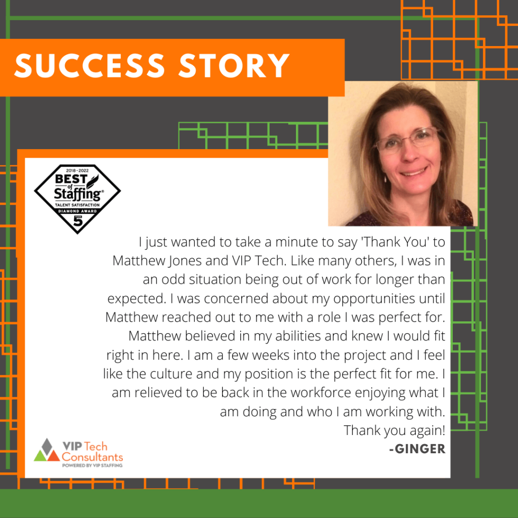 Success story featuring a testimonial from a satisfied client of VIP Staffing, expressing gratitude to Matthew Jones and highlighting positive experiences and job placement success.