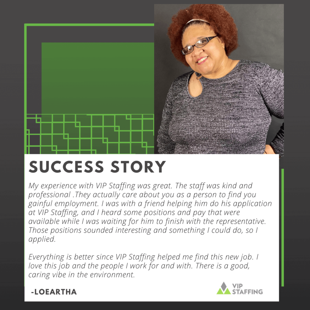 Loeartha sharing her success story with VIP Staffing, expressing satisfaction with the professional support and care received during her job search experience.