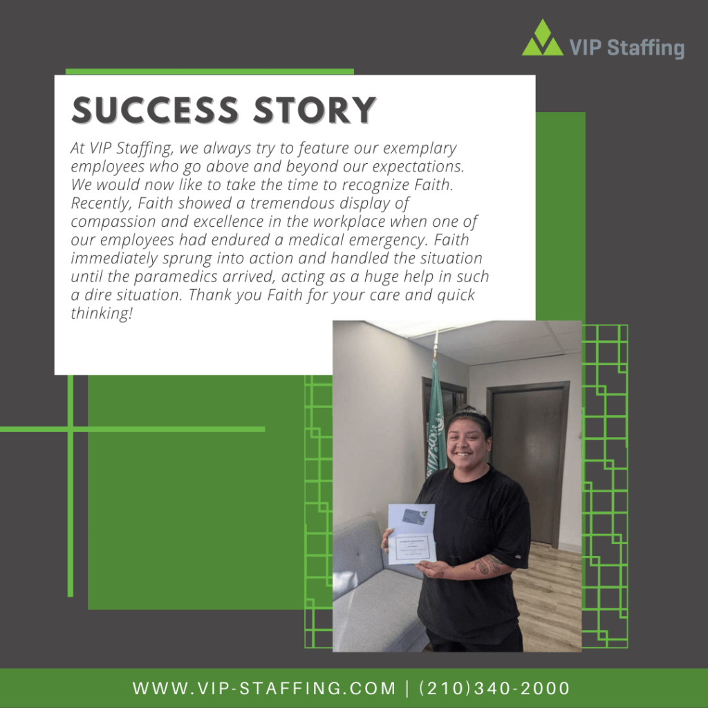 Faith Garcia holding a recognition award in an office setting, showcasing exemplary employee achievements at VIP Staffing, emphasizing compassion and quick thinking during a medical emergency.